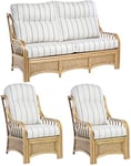 Desser Vale Conservatory Furniture Sofa & Chair Set Wicker Fully Assembled – Cane Natural Rattan with UK Manufactured Cushions in Linen Taupe Fabric – 3 Seat Settee & 2x Armchairs