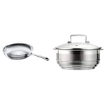 LE CREUSET 3-Ply Stainless Steel Uncoated Frying Pan, 24 x 5 cm, Silver 3-Ply Stainless Steel Multi Steamer Insert with Glass Lid, for use with 3Ply Stainless Steel Pans, 16 cm to 20 cm