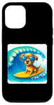 Coque pour iPhone 12/12 Pro Surf Dog In Yellow Surfboard On Turquoise Sea Lunettes de soleil
