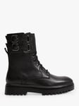 Mango Classic Leather Lace Up Mid Height Biker Boots, Black
