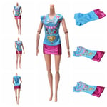 Printed Dress For Barbie Doll Blue & Rose Fashion Clo