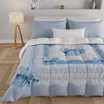 PETTI Artigiani Italiani - Single Winter Quilt, Single Duvet, Double Sided Quilt Solid Colour and Digital Print Light Blue Bow, Made in Italy