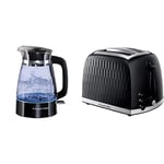 Russell Hobbs 26080 Hourglass Cordless Electric Glass Kettle, 1.7 Litre, 3000 Watt & 26061 2 Slice Toaster - Contemporary Honeycomb Design with Extra Wide Slots and High Lift Feature, Black