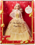 Barbie Signature Joyeux Noël 2023, Poupée Collector Spéciale Fêtes avec Robe De Soirée Dorée, Cheveux Blonds Et Emballage De Présentation, À Collectionner, Jouet pour Enfant de 3 Ans et Plus, HJX08