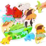Vicloon Jeux D'équilibre en Bois pour Enfants, Animaux Jouet à Empiler avec Sac de Rangement, Jeu D'equilibre de Animaux Bloc, Montessori Jouets Éducatifs, Cadeaux pour Bébés 3-6 Ans