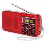Bärbar Radio, FM-radio med Stort Laddningsbart Batteri (3000mAh), MP3 / SD / USB / AUX-stöd, Röd