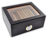 Eitida Desktop Humidor Case Holds 25-50 Cigar, Tempered Glass Top Display, Handcraft Spanish Cedar Wood Storage Box with Divider, Humidifier and Hygrometer, Ebony Black Finish.
