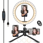 HAPAW 10" LED Ring Light with Tripod Stand and 3 Phone Holder, Dimmable 3 Colors 10 Brightness Selfie Desk Makeup Light with 3 Phone Clips USB Live Streaming Circle Light for YouTube Video Selfie