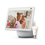 Echo Show 10 (3rd generation), Glacier White Fabric + Philips Hue White Smart Light Bulb LED (E27), Works with Alexa - Smart Home Starter Kit