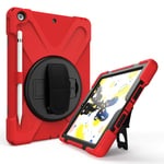 QYiD Case for New iPad 10.2 2019 Case, iPad 7th Generation Case with Screen Protector, Heavy Duty Shockproof Protective Cover with pencil holder, Rotatable Kickstand, Shoulder Belt, Red