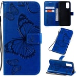Samsung Galaxy S20 Case, SATURCASE Butterflies Embossing PU Leather Flip Magnet Wallet Stand Card Slots Hand Strap Protective Case Cover for Samsung Galaxy S20 (Blue)