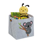 Panier de rangement en feutre, motif koala, caisse tissu pour enfant, HxLxP : 33x34x32 cm, coffre jouets, gris - Relaxdays