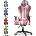 Chaise gaming BIGZZIA- Fauteuil gamer de bureau- Chaise Gamer Réglable Pivotant - avec coussin et dossier inclinable - Rose et Blanc