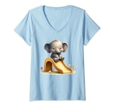 Womens Blue Adorable Elephant on Slide Cute Animal Theme V-Neck T-Shirt