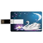 8G USB Flash Drives Credit Card Shape Swan Memory Stick Bank Card Style Magic Lily and Fairy Swan at Night Swimming in Lake under Moon and Stars Picture Art,Blue White Waterproof Pen Thumb Lovely Jum
