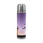 BKEOY Travel Mug Vacuum Insulated Stainless Steel Double Wall Leak Proof Mug Bottles Halloween Theme Personalized Printed Genuine Leather Wrapped Thermos Flask 500ml
