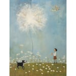 Chasing the Giant Dandelion Dream Artwork Giant Wish Oil Painting Kids Bedroom Child and Pet Dog in Daisy Field Unframed Wall Art Print Poster Home De