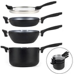 Russell Hobbs RH01840 4 Piece Pan Set – 24 cm Stackable Space Saving Induction Cookware, Non-Stick Saucepan, Wok & Frying Pan, Universal Lid With Strainer, PFOA-Free, Easy Clean Cooking Pots and Pans