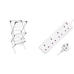 Vileda Sprint 3-Tier Clothes Airer, Indoor Clothes Drying Rack with 20 m Washing Line, Silver & DESIRETECH White Electric Extension Lead 4 Gang 2 Metre | 2m Long Cable