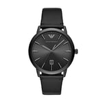 Emporio Armani Montre pour homme, mouvement date à trois aiguilles, boîtier en acier inoxydable noir de 43 mm avec bracelet en cuir, AR11278