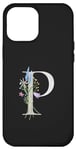 iPhone 15 Pro Max Black Titanium Floral Letter P Silver Initial personalised Case