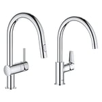 GROHE Minta - Kitchen Sink Pull Out Mixer Tap (46mm Ceramic Cartridge, Tails 3/8 Inch), Size 379mm & BauEdge – Single Lever Kitchen Mixer Tap (28 mm Ceramic Cartridge, Tails 3/8 inch), Size 332 mm