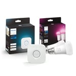Philips Hue Starterkit White and Colour Ambience 2 Pack B22 Bulbs 800 lumens and Bridge
