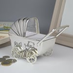 Personalised Message Silver Baby Pram Money Box Christenings New Born Birthdays