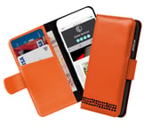 Ed Hicks iPhone SE (2022/2020) Womens Wallet Case, iPhone 8 Flip Case, iPhone 7 Card Holder Case — Genuine Leather — Quad Protection System— RFID Blocking — Kickstand — Many Unique Features — Orange & Black