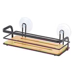 MSV Étagère de Douche sans perçage avec ventouses en Acier et Bambou Noir Mat 12 x 9 x 25,5 cm