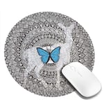 Round Mouse Pad Game Mouse Pad Office Custom Butterfly in The Middle of White Complex Pattern with Stitched Edge Waterproof Non-Slip Rubber Base