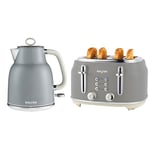 Salter COMBO-9191 Retro Kettle & Toaster Set – 1.7L Fast Boil Kettle With Removable Limescale Filter, 4-Slice Wide Slot Toaster for Thick Bread, High Lift Eject, Blue Indicator Lights, 3kW/1630W, Grey