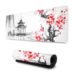 Tapis de souris de jeu XL motif peinture japonaise fleurs de cerisier étendu grand tapis de souris long tapis de bureau avec bords cousus 80X30CM