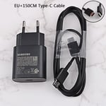 Câble noir EU 150cm-Chargeur d'origine Samsung S21 S22 5G 25W, charge super rapide USB Type C PD PPS, charge