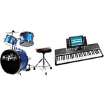 Music Alley Junior Drum Kit for Kids with Kick Drum Pedal, Drum Stool & Drum Sticks - Blue & RockJam 61-Key Compact Keyboard with Sheet Music Stand, Piano Note Stickers and Simply Piano Lessons