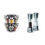 Cole & Mason H121808 Cambridge 16 Glass Spice Jars With Lids | Stainless Steel & H59408G Derwent Salt and Pepper Mills | Gourmet Precision+ | Stainless Steel/Acrylic | 190mm | Gift Set