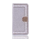 Samsung Galaxy A20e Phone Case, 3D Glitter Gems Peals Sparkle Bling Cover Shock-Absorption Flip PU Leather Protective TPU Bumper with Magnetic Stand Card Holder Slots for Girls Women Silver