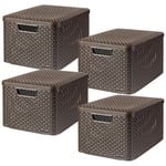 4x Curver Storage Box Rattan Style Weave Plastic L Dark Brown Lidded Handles HQ