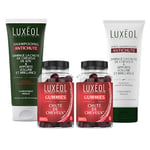 LUXÉOL - Pack 4 Produits Cheveux - Chute de Cheveux - Complément Alimentaire Chute de Cheveux 60 Gummies x2 + Shampooing & Après-Shampooing Antichute 200ml - Fabriqués en Europe