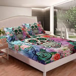 Sugar Skull Bedding Set for Woman Man, Rose Flower Fitted Sheet,Watercolor Bed Sheet Set 3D Horror Bones Bedspread Bed Cover,Decorative 3 Pcs Double & 2 Pillowcase
