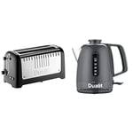 Dualit 46025 2 Slot Long Lite Toaster - Black & 72313 Domus Kettle | 1.5 L 3KW Jug Kettle | Grey | Dual Measuring Windows| BPA Free Electric Kettles