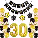 30-års Dekorationer Fest i Svart Guld, 30 Ballonger Grattis 30-års Banner, Papperspompoms, Folieballonger