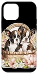iPhone 12 mini Boston Terrier Puppies in Floral Wicker Basket Case