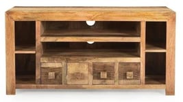 Dakota Mango Wood TV Unit, Indian Light Natural Rustic Finish, Medium Cabinet 110cm, Stand Upto 43in Plasma TV - 4 Drawer