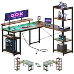 ODK Bureau d'angle Informatique Réversible de avec Bibliothèque, Bureau avec Long Support de Moniteur Réglable (Brun Vintage, 140cm avec LED & 2 Prises de Courant)