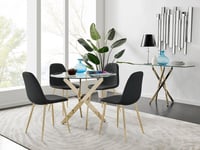 Novara 100cm Round Tempered Glass Dining Table with Gold Legs & 4 Corona Faux Leather Chairs