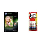 HP CR757A 10 x 15 cm Everyday Glossy Photo Paper, 200 gsm, 100 Sheets &Pritt Stick Original Glue Stick - Multi Pack 3 x 22g - Childproof and washable for paper, cardboard and felt
