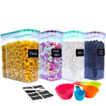 ICONIC Premium 4L Cereal Storage Containers Set of 4 | Food Storage Containers with Lids| Airtight Plastic Food Container w/ 8 Labels, Spoons Set and Pen| Cereal Dispensers for Flour Kitchen Storage