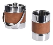 Stainless Steel & Leather Ice Cube Serving Bucket & Wine Cooler Set
