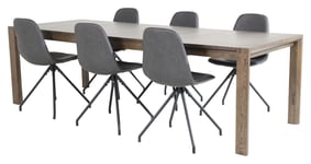 Venture Design Slider Spisebord m. uttrekk, Røkt Eik med 6 Polar-stoler spin, Sort PU